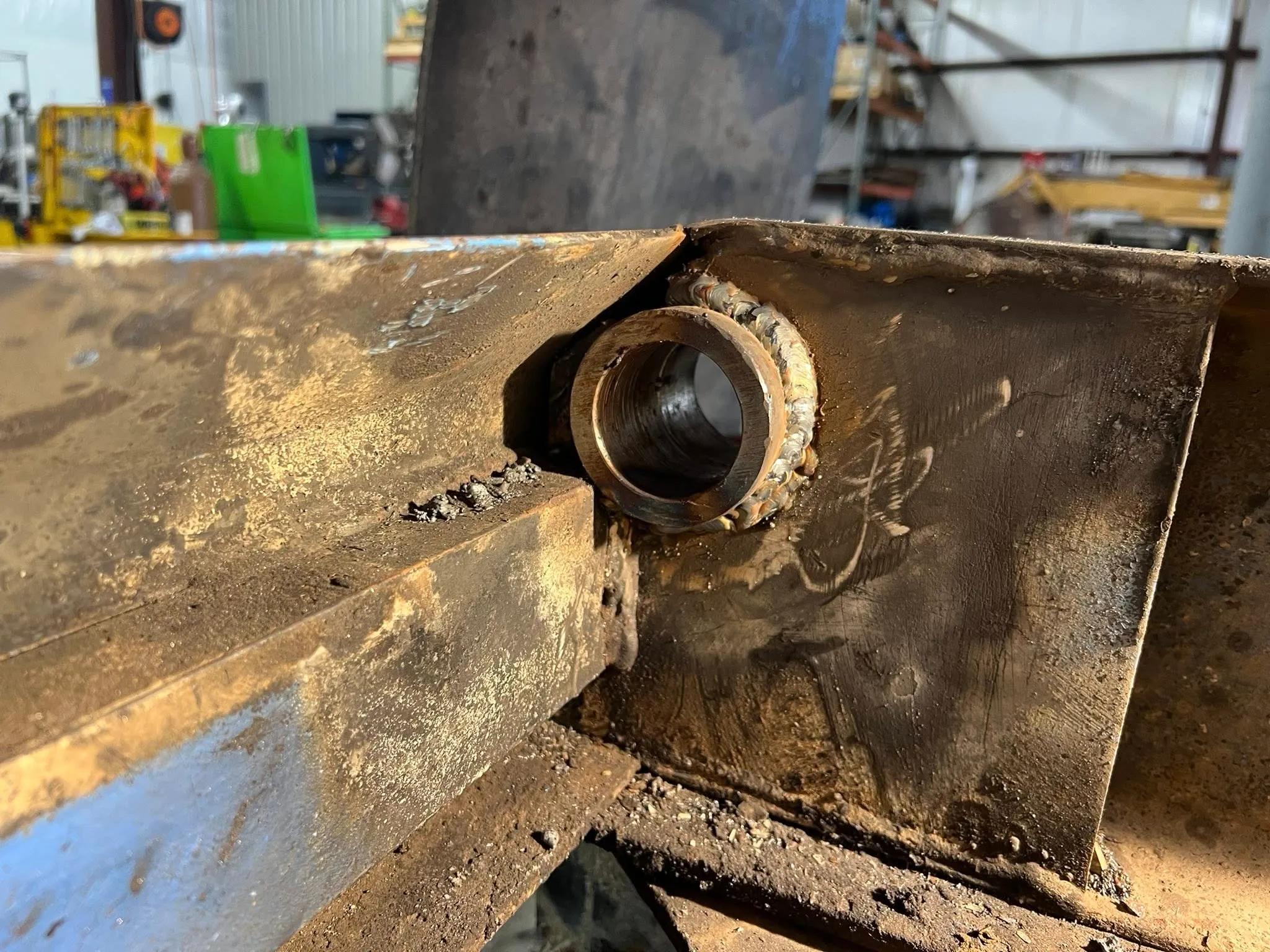 Cracked frame bore cut out and re-welded on a heavy beam
