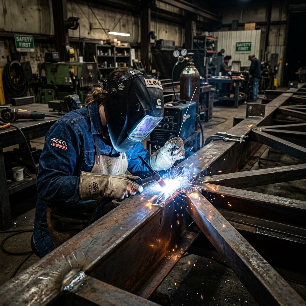 Welder with bright sparks flying in a dark shop